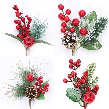Vianočný Dekor Umelý Kvet Stamens Pearl Pobočiek Zmiešané Berry Pre Svadobné Dekorácie DIY Borovicová Šiška S Holly Falošné Kvet
