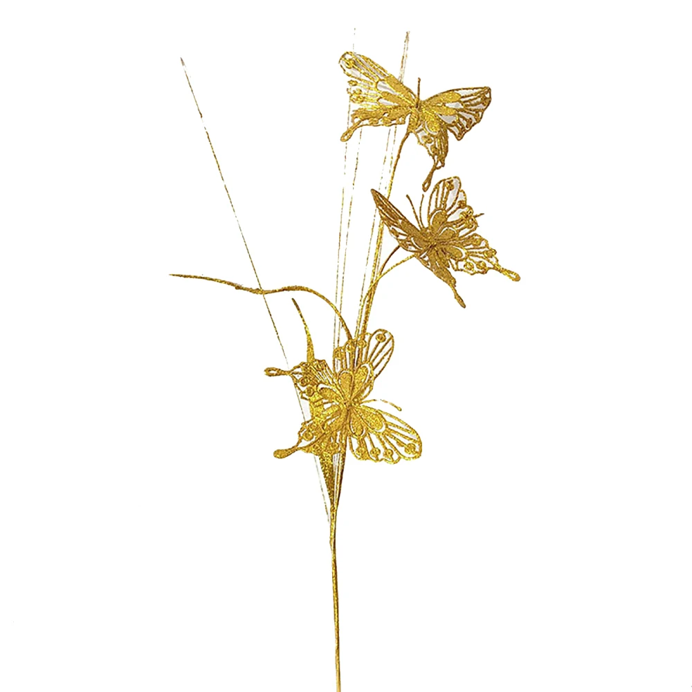 Bobule prášok Simulácia Zlatý Motýľ Pobočiek 60 cm Trblietavý Konárika Domáce Dekorácie Palice Umelý Lesk Berry Stonky 0