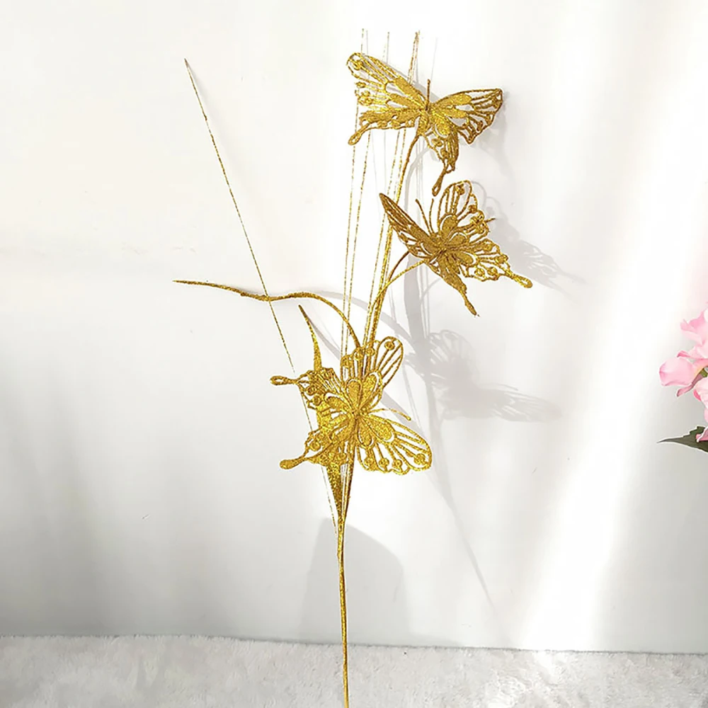 Bobule prášok Simulácia Zlatý Motýľ Pobočiek 60 cm Trblietavý Konárika Domáce Dekorácie Palice Umelý Lesk Berry Stonky 2