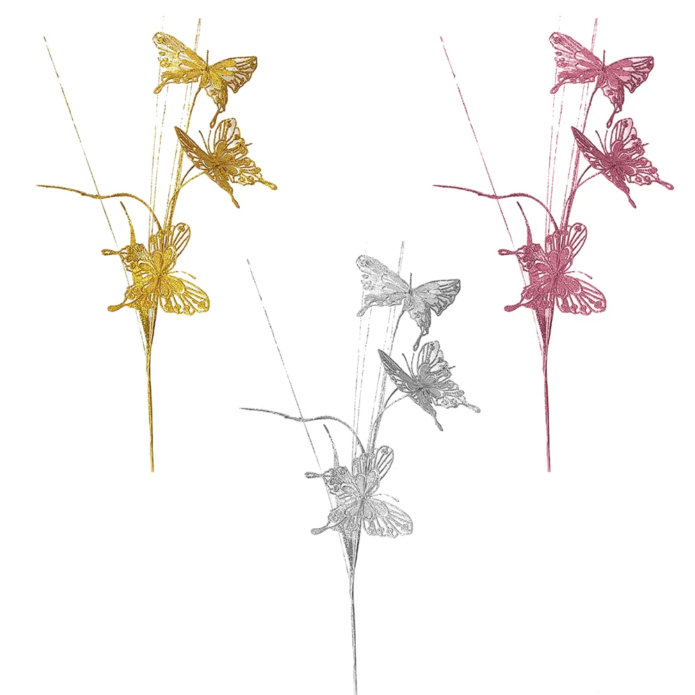 Bobule prášok Simulácia Zlatý Motýľ Pobočiek 60 cm Trblietavý Konárika Domáce Dekorácie Palice Umelý Lesk Berry Stonky 4