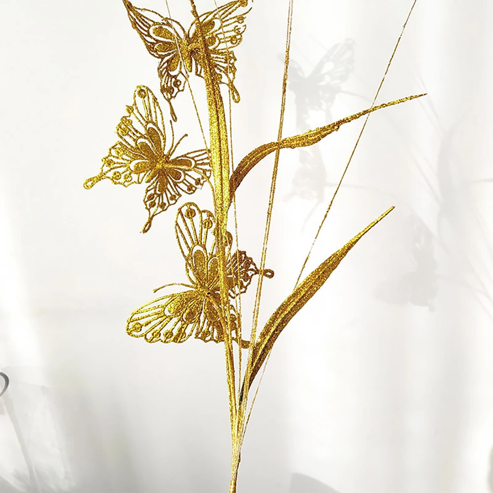 Bobule prášok Simulácia Zlatý Motýľ Pobočiek 60 cm Trblietavý Konárika Domáce Dekorácie Palice Umelý Lesk Berry Stonky 5