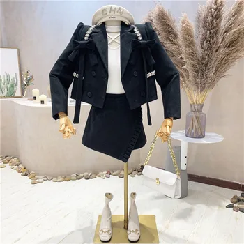 Nové dámske oblečenie 2021 Jeseň Zima TBow krátke voľné vlnené kabát + vysoký pás pantskirt dvoch-dielny set šaty sady