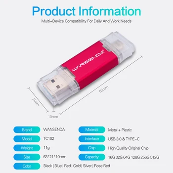 WANSENDA OTG 2 v 1, USB Flash Disk USB3.0 & Type-C Pero Disku 512 gb diskom 256 GB 128 GB 64 GB 32 GB, 16 GB kl ' úč USB 3.0 Memory Stick