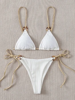 2022 Sexy Bikini Set Roztomilé Biele Obyčajný Prsteň Spojené Špagety Popruh Trojuholník Remeň Biquini Plavky, Plavky Ženy Plavky B0