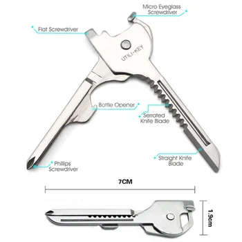 Vonkajšie 6-in-one Skladací Mini Pocket Keychain Multitool Kľúčom Tvar Otvárač Fliaš Skrutkovač Vrúbkovaná Čepeľ Prežitie Uniknúť Nástroj