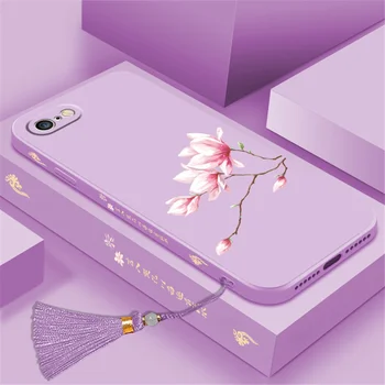 Mobilný Telefón puzdro pre iPhone 7/8 Kvetinový Vzor, Mäkké Ochranné Puzdro Tekutý Silikónový Anti-jeseň Shell s Strapec Ornament