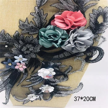 Black Vyšívané Čipky Textílie Patch Nášivka Motív Kvetu pre Šitie Fáze Kostým, Večerné Šaty Odev, Šijací Materiál