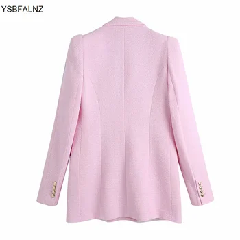Nový Ženy 2021 Sako Kabát Módne Dvojité Breasted Ružová Tweed Vintage Dlhý Rukáv Bundy Žena Vrchné Oblečenie Elegantné Veste Femme