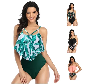 2021 Vysokej nový pás bikini multicolor rozstrapatené brucho split plavky Leaf Kvetina Tlače Plavky Ženy Plaviek Sexy Dve Kus