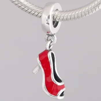 Originálne Červená Smalt Vysoké podpätky Stiletto Prívesok Korálky Fit 925 Sterling Silver Kúzlo Náramok Náramok DIY Šperky