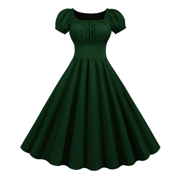 2021 Námestie Krku Elegantné Vysoký Pás Ruched Vintage Skladaný Šaty Žien Krátkym Rukávom Letné Farbou Bežné Šaty