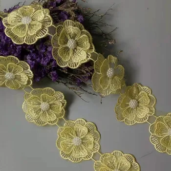 10x Žltá Pearl Ručné Korálkové Kvet Vyšívané Čipky Orezania pása s nástrojmi Dvojité Vrstvený Nášivka Šaty DIY Šitie Remeselné Nové