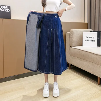 Skladaný Midi Denim Sukne Nepravidelný Jeden Kus Ženy 2021 Kórejský Módne Vysoký Pás Jean Sukne Harajuku Vintage Faldas Ropa Mujer