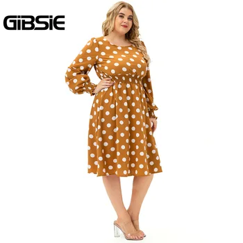 GIBSIE Plus Veľkosť Elegantný Retro Polka Dot A-Line Šaty Žien Jeseň O-Krk Dlhý Rukáv Úrad Bežné Dámy Midi Šaty 2021