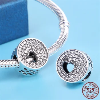 925 Sterling Silver Srdce-k-srdcu Zirkón Charm&Perličiek Fit Pôvodnej 3 mm Náramok&Náramok Pre Ženy Narodeniny Módne Šperky Darček
