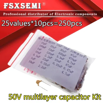 25values*10pcs=250pcs 50 viacvrstvových kondenzátor MLCC auta 5.08 MM 10pF-10uF kondenzátory
