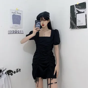 Ženy Krátky Rukáv Sexy Šaty 2021 Módne Ročník Mini Čierne Šaty Streetwear Šnúrkou Bežné Harajuku Gotický Krátke Šaty