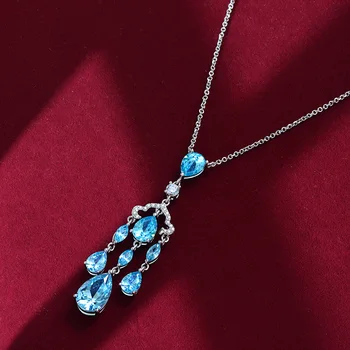 OEKDFN Luxusné Pevné 925 Sterling Silver Sky Blue Akvamarín Diamantový Prívesok Náhrdelníky Pre Ženy, Svadobné Party Jemné Šperky Dary