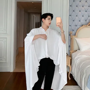 Letné čierna biela mužov nadrozmerná dlhé tričko kórejský štýl, módne nepravidelný dizajn, blúzky, samec krátky rukáv šaty, košele plášť