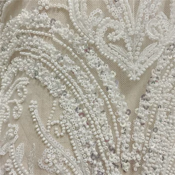 Najnovšie High-End, Biela Ťažké Perličiek Veľké Nášivka Výšivky Svadobné Svadobné Šaty Šaty Čipky Trim 1 KS