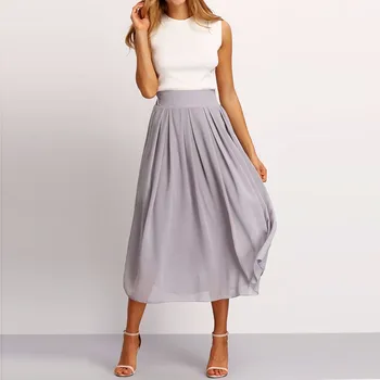 Skromný Elegantné Šifón Sukne Ženy Zákazku Na Zips Pása Riadok Tee Dĺžka Midi Sukne Skladaný Bežné Sukne