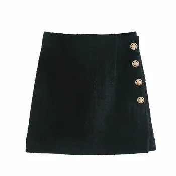 Čierne mini sukne Ženy Za 2021 Jeseň Zima Vintage Kovové Tlačidlo Vysoký Pás A-line Sukne Módne Office Dámy Sukne