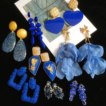 Móda Modrá Živice Zirkón Žien Prívesok Náušnice Veľké Geometrické Luxusné Svadobné Šperky 7 Dizajn Visí Vyhlásenie Náušnice