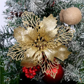 5 ks Vianočný Stromček Visí Duté Ozdoby Flitrami Plastové Veľký Umelý Kvet Hlavu Vianočné Svadobné Party Domov Zlaté Červená
