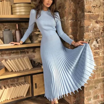 2021 Jeseň zima nový skladaný šaty Dámske pletené dlhý rukáv a-line vysoký pás elegantné midi šaty Pevné, elastické oblečenie