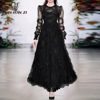 Qian Han Zi módne dráhy maxi šaty s Dlhým rukávom retro Oka čipky rozstrapatené Vysoko elegantné štíhle Dlhé šaty ženy nová jar, jeseň