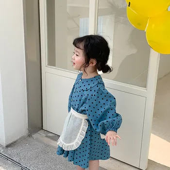 Dievčatá Kórejský Klope Dlhý Rukáv Polka Dot Dress 2022 Jar Nové Oblečenie Pre Deti