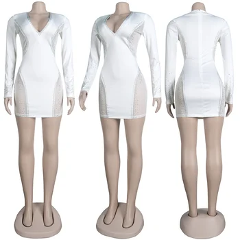 Sexy, Priehľadnej Sieťoviny Patchwork Crystal Drahokamu Mini Šaty pre Ženy 2021 Glitter Party Club Narodeniny Elegantné Biele Šaty Bodycon