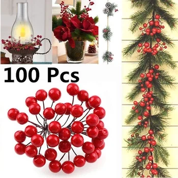 100ks Umelé Bobule Zlato, Striebro Red Cherry Stamen Mini Falošné Kvety Pearl Korálky pre DIY Vianočný Večierok Plavidlá Dekorácie