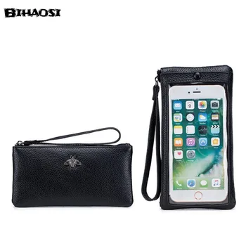 Kožené dámske peňaženky dotykový displej mobilného telefónu nula peňaženky odtlačkov prstov odblokovanie kožený remienok taška mobilný telefón taška veľkoobchod