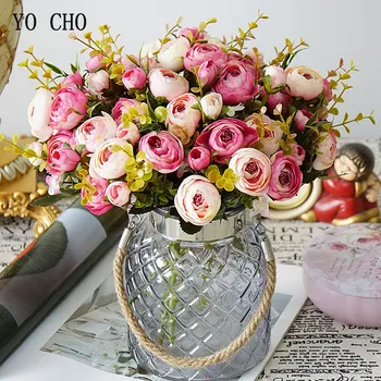 YO CHO Retro Umelé Ruže Kytice 10 Hláv Hodváb Čajových Ruží Flores na Jeseň Svadobný Stôl Domova 5 Pobočiek Falošné Kvety