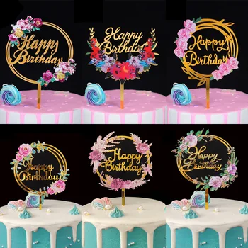 Nové Kvety Happy Birthday Cake Vňaťou Zlato Akryl Narodeniny, Svadba Cake Mulčovače pre Svadobné Výročia Party Cake Dekorácie