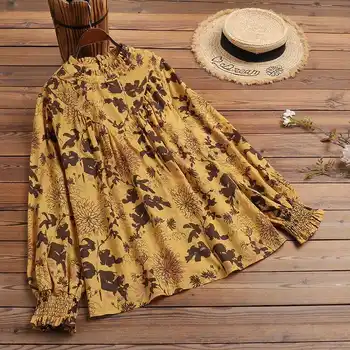 ZANZEA Módne Ženy Vintage Kvetinový Vytlačené Tričko Bežné Dlho Lístkového Rukáv Volánikmi Blúzka Jeseň Skladaný Blusas Nadrozmerné Topy