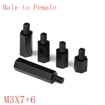1000pcs/veľa čierny Nylon prázdnemu M3*7+6 M3x7 mužov a žien nylon plastové dištančné dlho hex matica