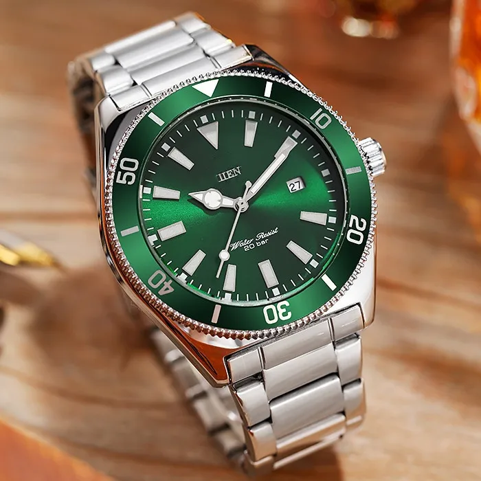 2022 Nový Orient fashion športové zelený Ciferník z Nerezovej ocele, quartz hodinky s kalendár 3