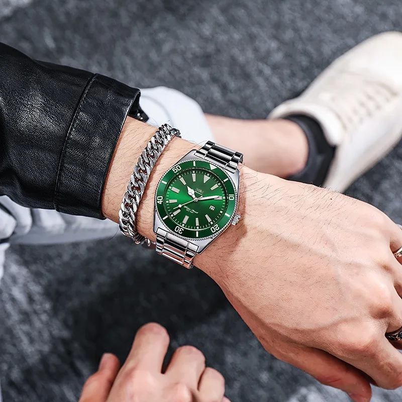 2022 Nový Orient fashion športové zelený Ciferník z Nerezovej ocele, quartz hodinky s kalendár 4