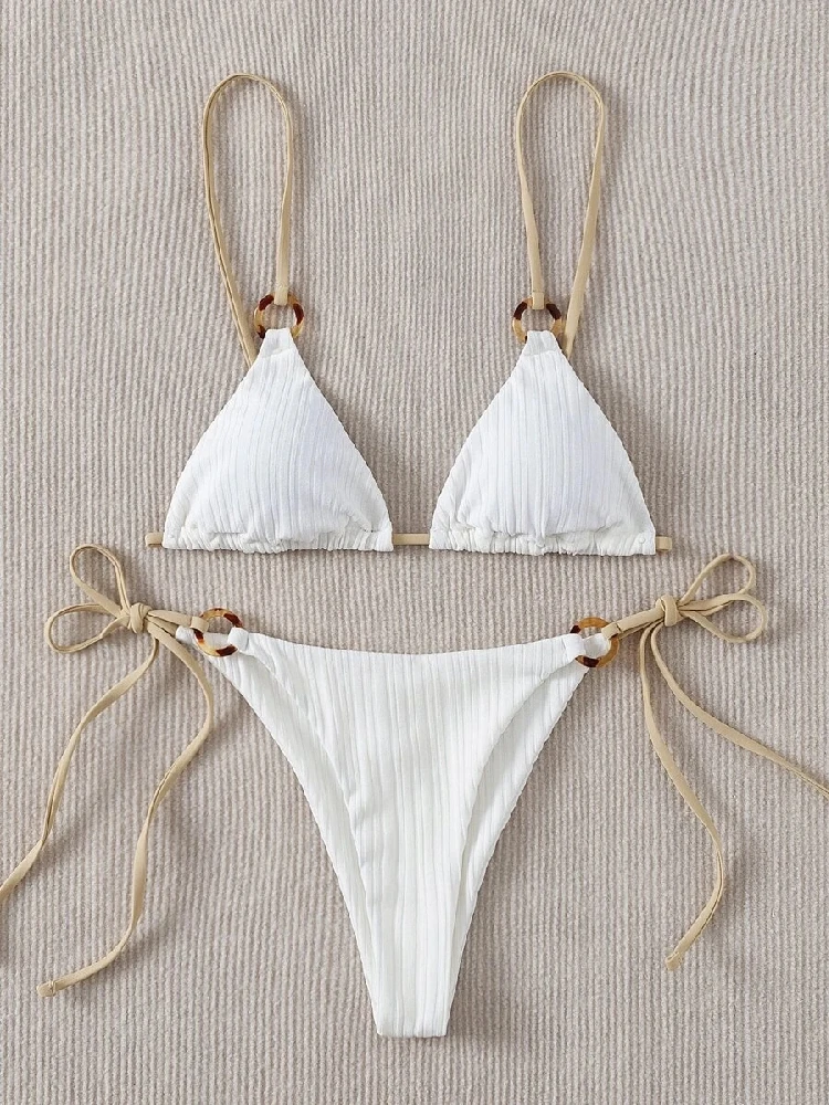 2022 Sexy Bikini Set Roztomilé Biele Obyčajný Prsteň Spojené Špagety Popruh Trojuholník Remeň Biquini Plavky, Plavky Ženy Plavky B0 0