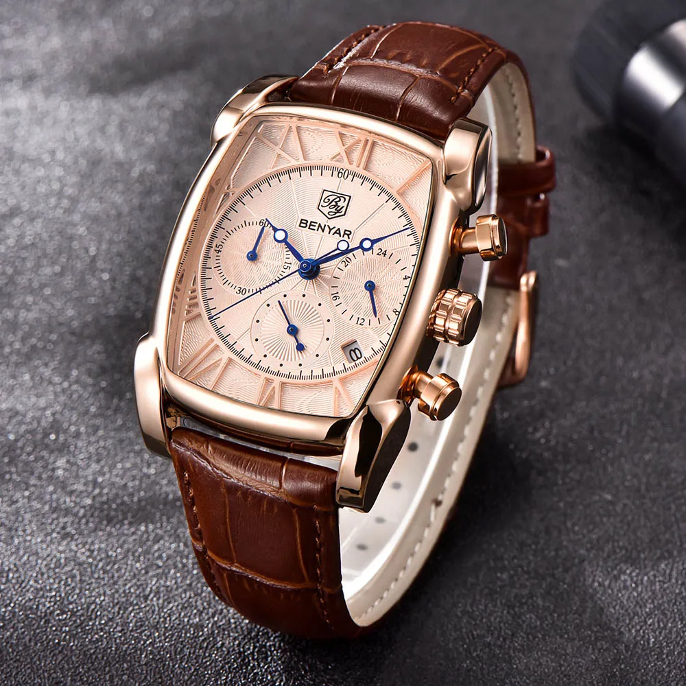 BENYAR 2022 Nové Mužov Náramkové hodinky Zlaté Kožený Popruh Top Značky Luxusné Módne Business Náramkové hodinky Quartz Nepremokavé Športové Hodiny 1