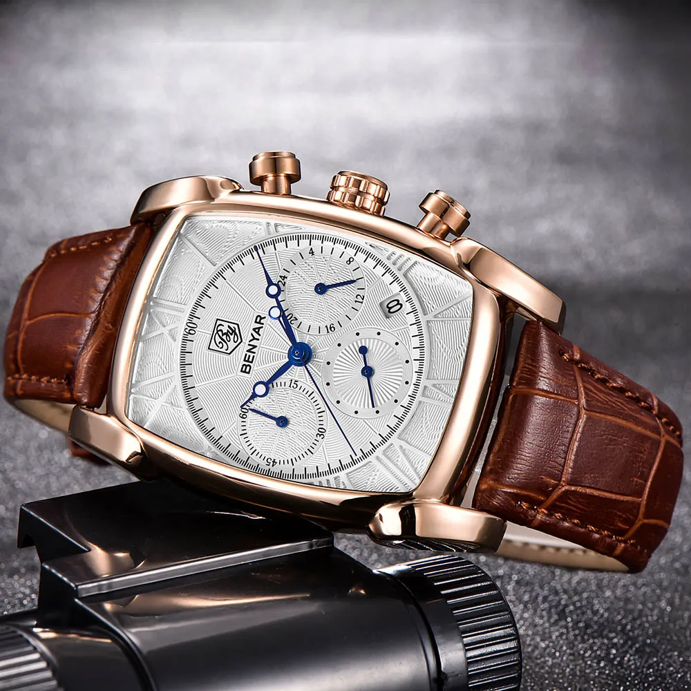 BENYAR 2022 Nové Mužov Náramkové hodinky Zlaté Kožený Popruh Top Značky Luxusné Módne Business Náramkové hodinky Quartz Nepremokavé Športové Hodiny 5