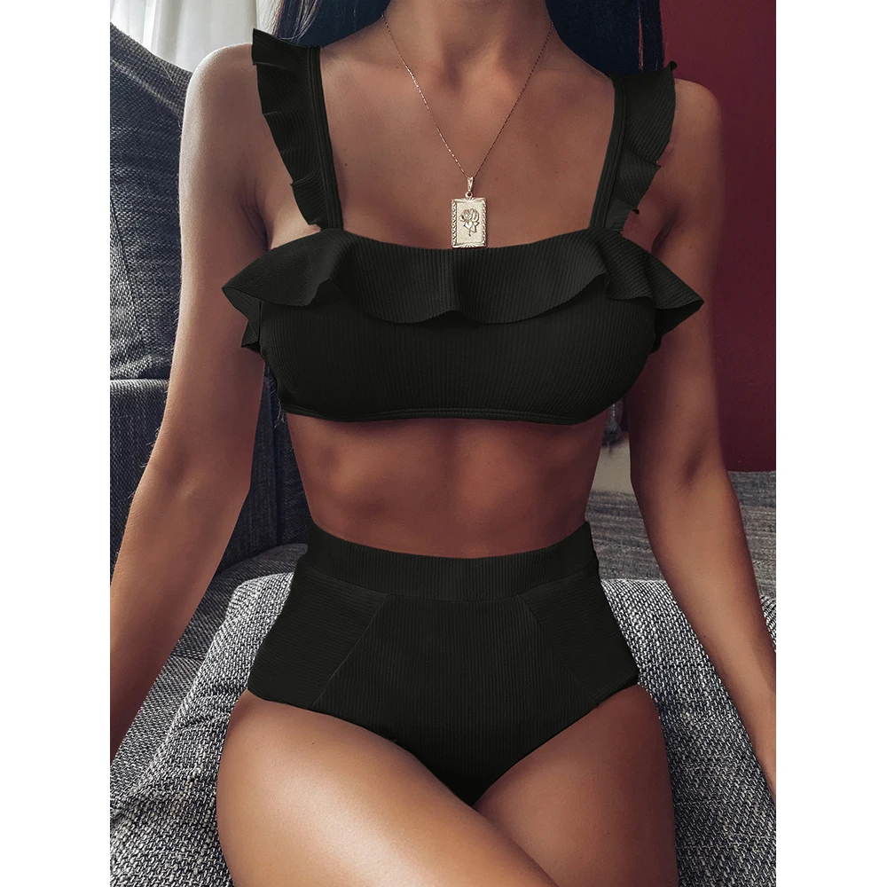 Bikini Vysoký Pás Plávanie Oblek Ženy Plavky s Push-up Plavky, plavky plážové oblečenie Skladaný Bikini Set kombinézach 2021 2