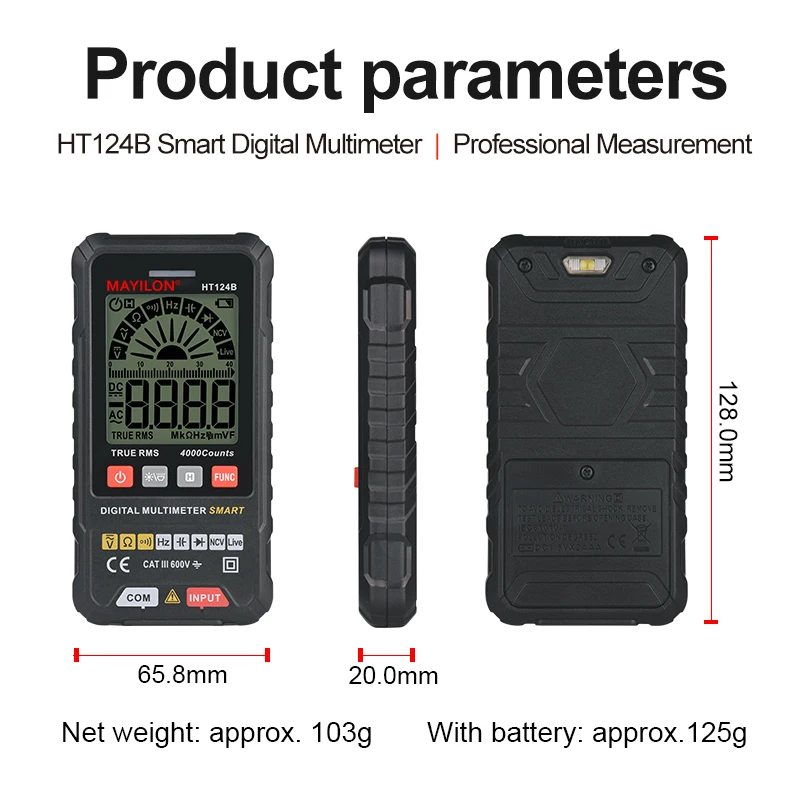 HT124B Profesionálne Smart Digitálny Multimeter 4000 Počíta True RMS AC DC Napätie Ohm Kapacita HZ Dióda Kontinuity Meter 5