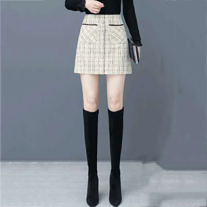 Jeseň Zima Vlnené Sukne Ženy móda Tlačidlá dekorácie Vrecku elegantné Vysoký pás Tweed Mini Saia Feminina 2021 Nové LU2125 5