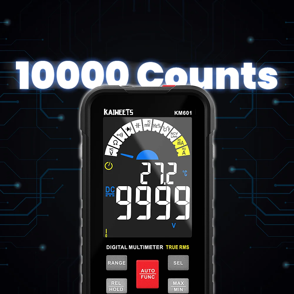 KAIWEETS KM601 9999 Počíta Digitálny Multimeter Smart Auto Rozsah 1000V 10A Tester Meter Ohm Hz Kapacita REL True RMS AC DC DMM 0