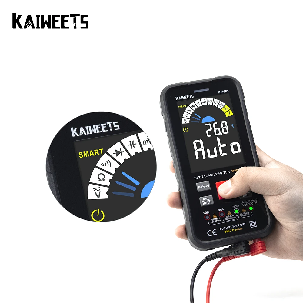 KAIWEETS KM601 9999 Počíta Digitálny Multimeter Smart Auto Rozsah 1000V 10A Tester Meter Ohm Hz Kapacita REL True RMS AC DC DMM 2