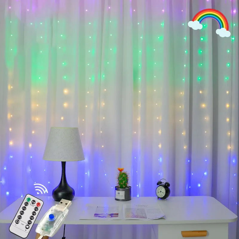 LED Záves Lampa Garland Rainbow Medi String Svetlo Diaľkové Ovládanie USB fairy Opony svetelné Girlandy Spálňa Christma Svetlo 0