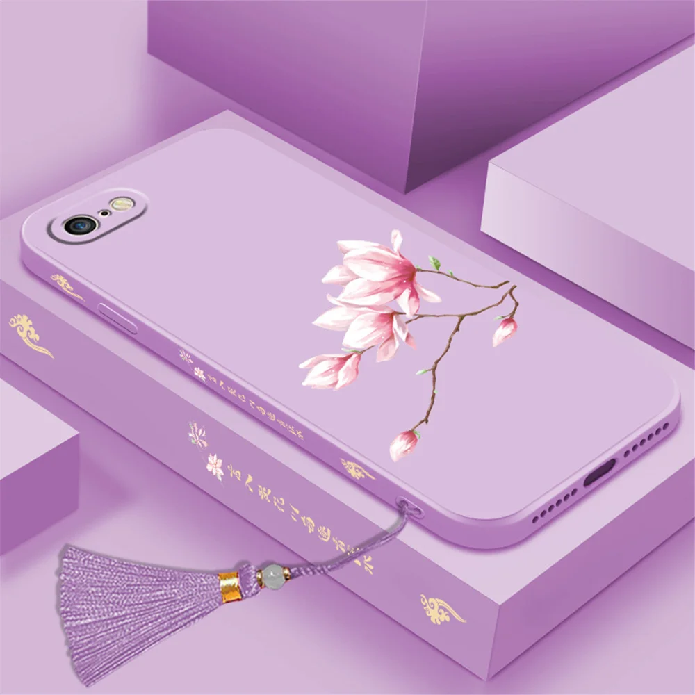 Mobilný Telefón puzdro pre iPhone 7/8 Kvetinový Vzor, Mäkké Ochranné Puzdro Tekutý Silikónový Anti-jeseň Shell s Strapec Ornament 0